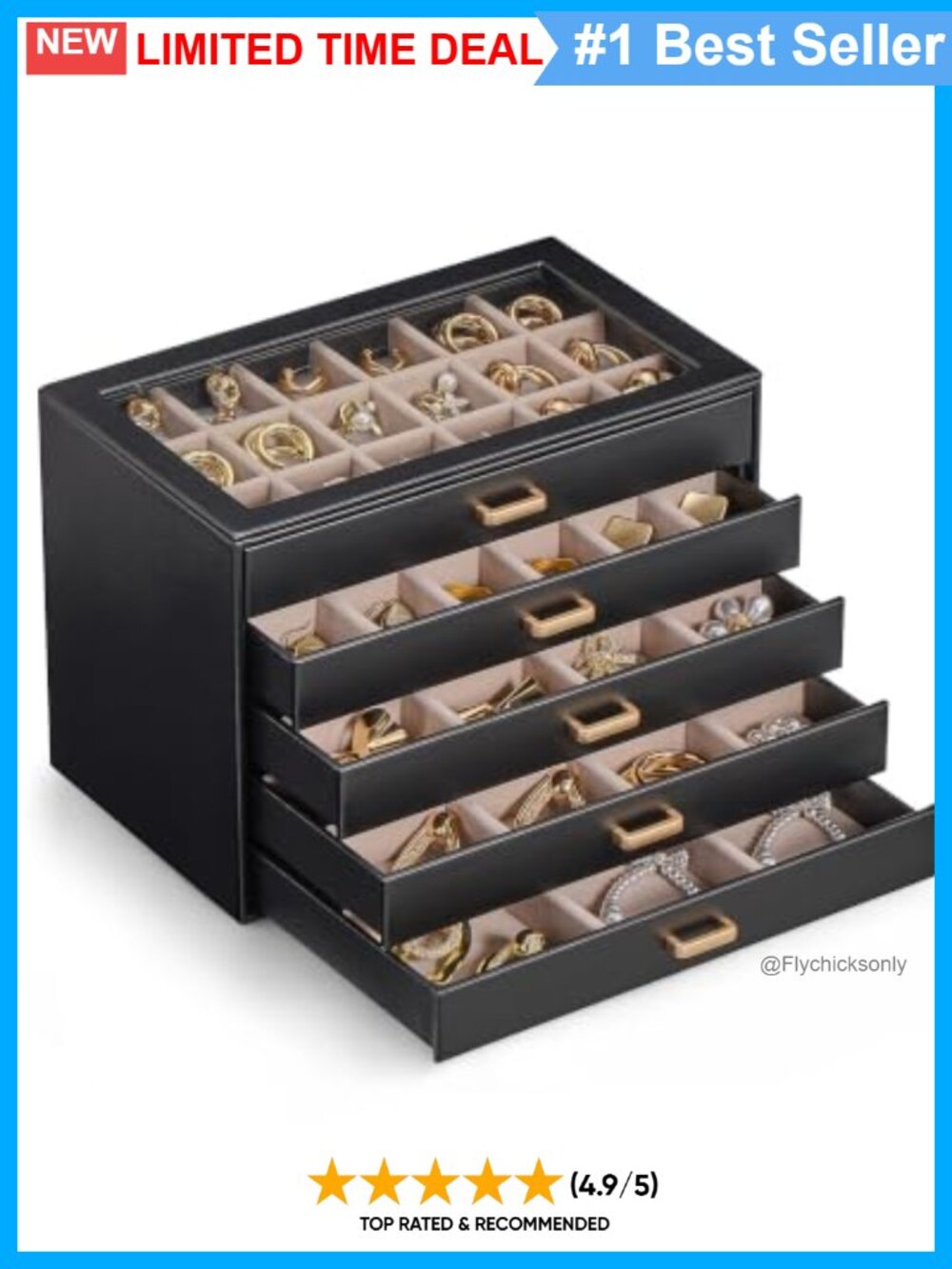 5-Layer Jewelry Box PU Leather Velvet Earring Organizer Clear Lid